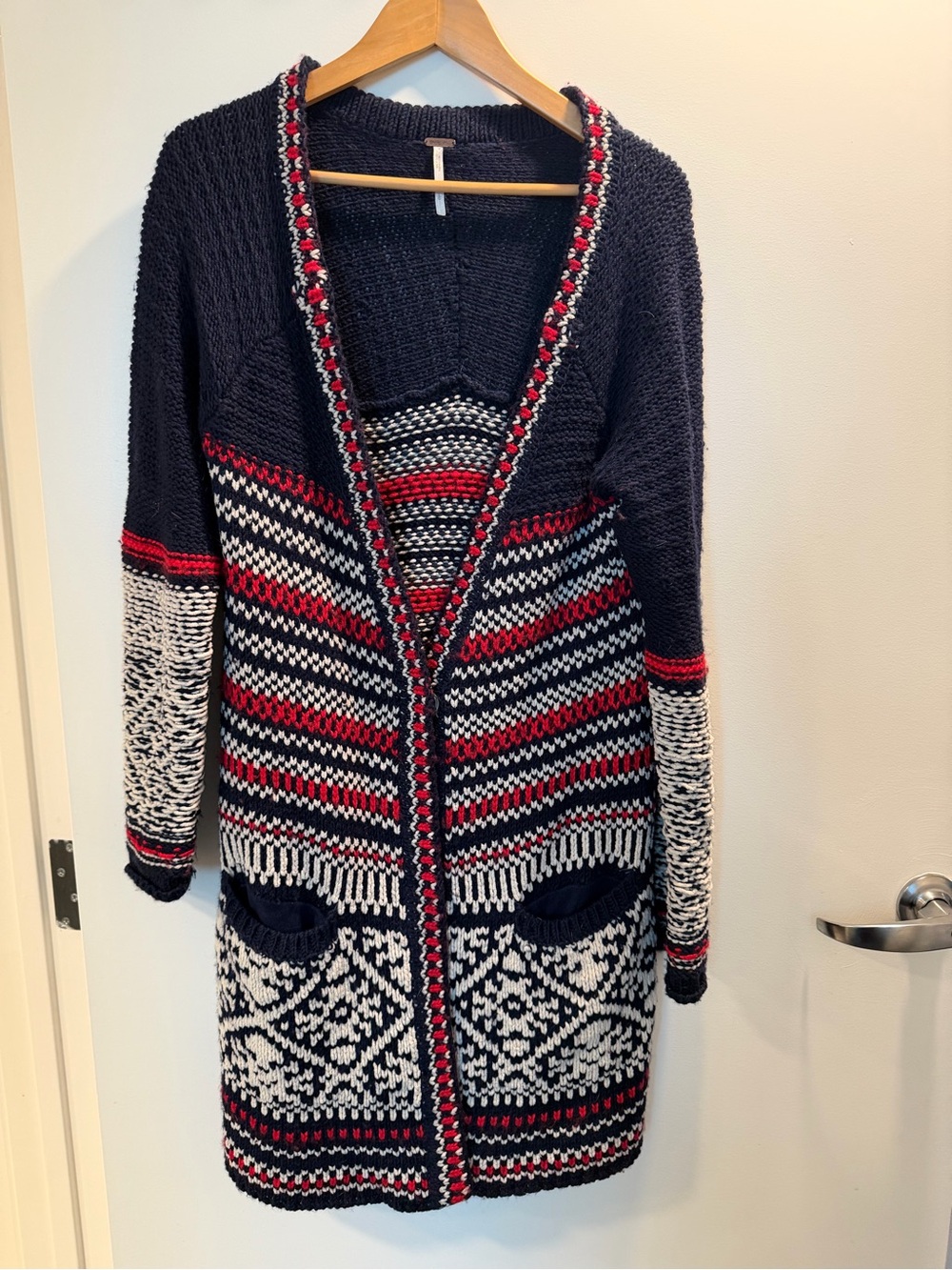 Free People Navy, Red and White Patterned Open Cardigan